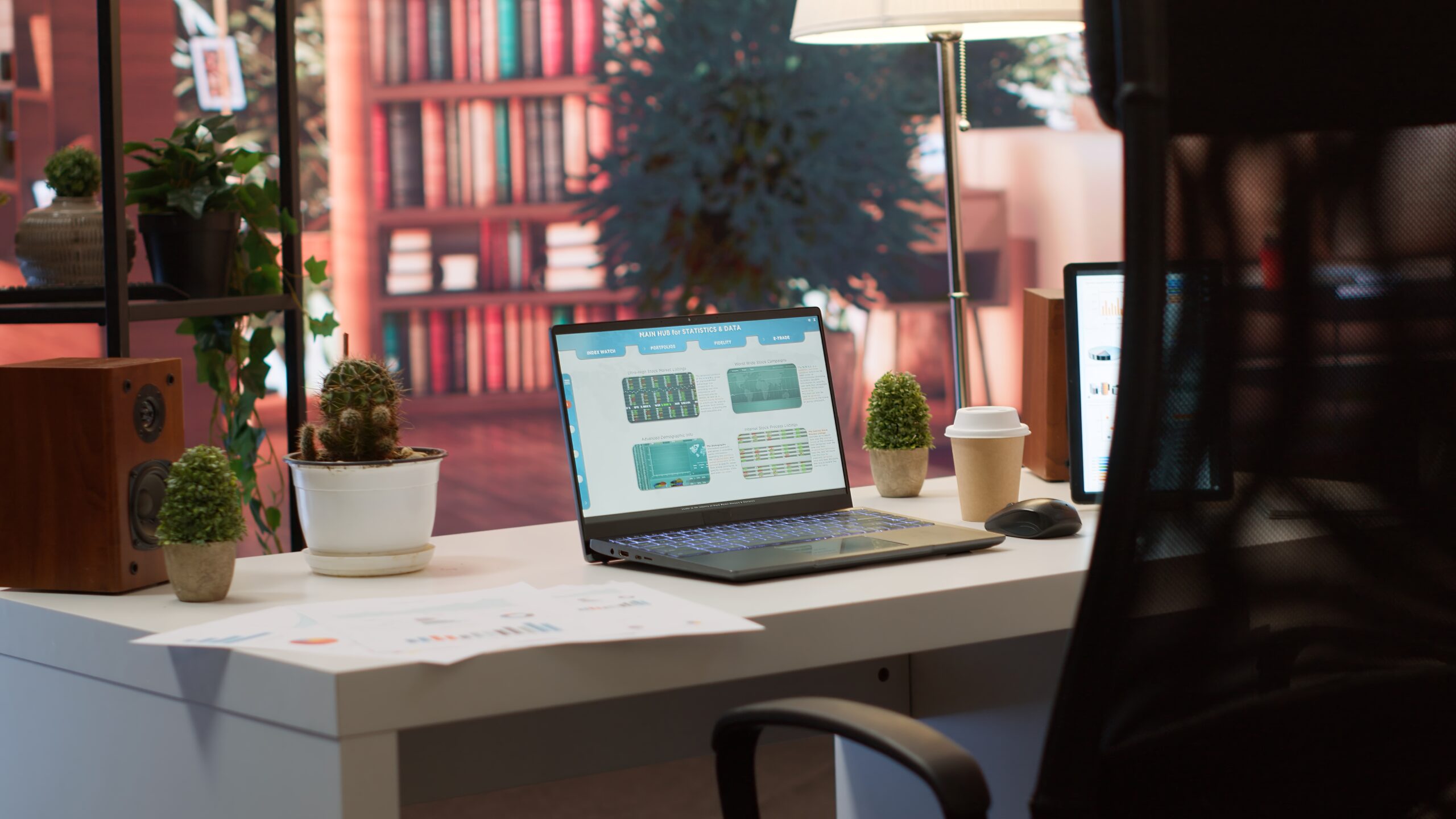 Empty home office setup showing documents and financial reports on laptop, desk used for a person to work on market analytics and accountancy. Organizational budget balance analysis.